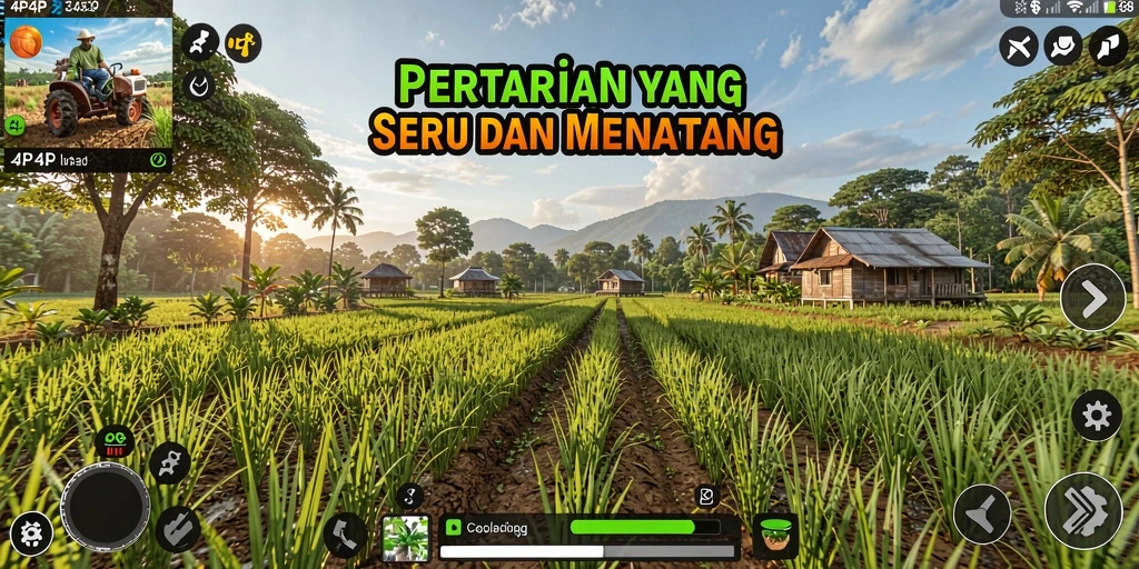Screenshot gameplay 4P4P menampilkan suasana pertanian yang indah.