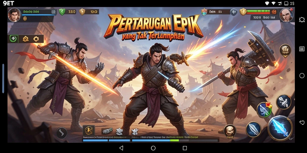 Gameplay pertarungan epik di 9ET dengan karakter unik.