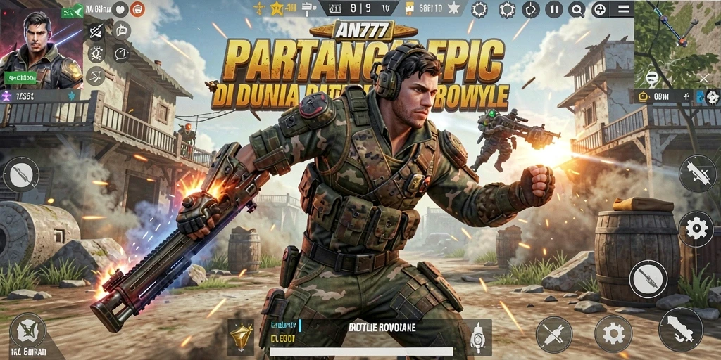 Screenshot utama AN777 menampilkan aksi intens dalam pertempuran Battle Royale.