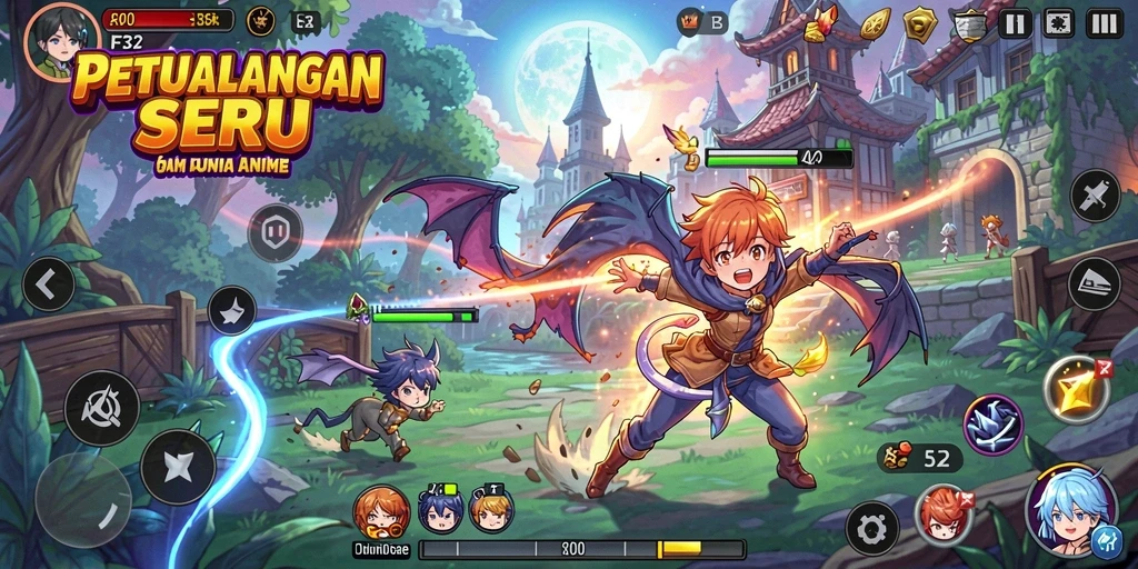 Tangkapan layar F32 menampilkan karakter anime dalam pertempuran seru.