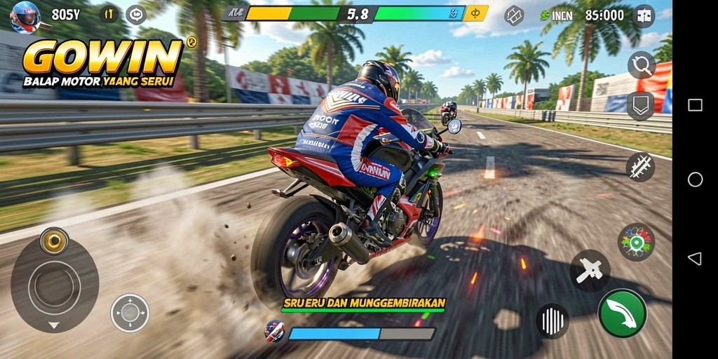 Screenshot gameplay GOWIN yang menunjukkan aksi balap motor yang seru.