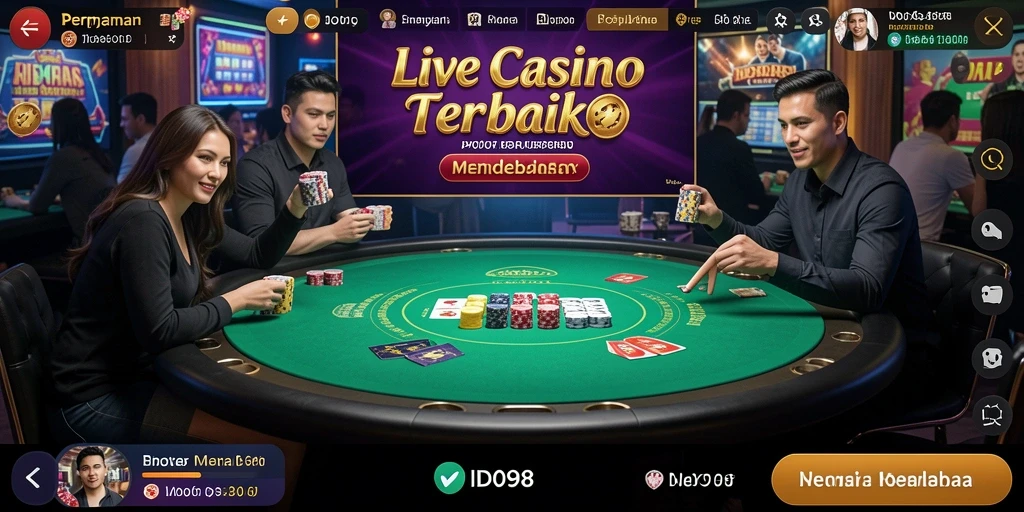 Tangkapan layar ID098 menampilkan dealer langsung yang berinteraksi dengan pemain.