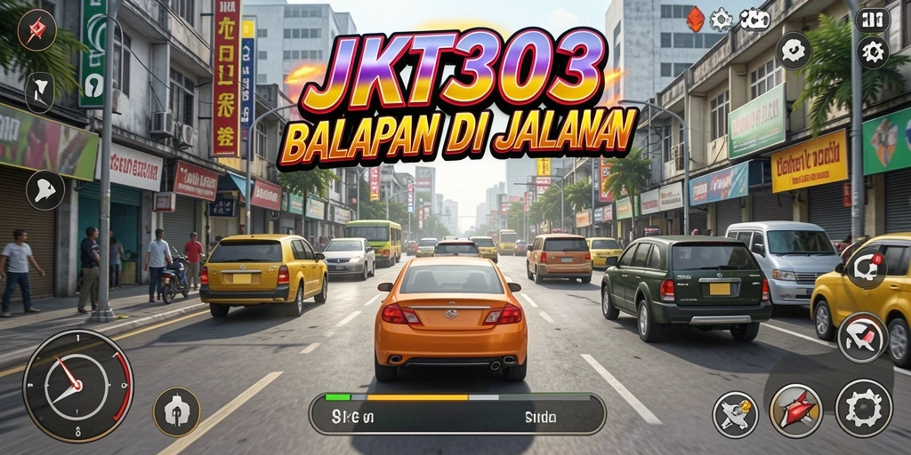Screenshot gameplay JKT303 menampilkan balapan mendebarkan di trek yang beragam.