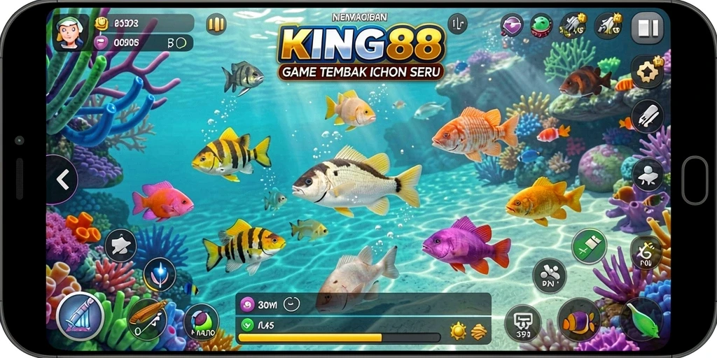 Screenshot gameplay KING88 menampilkan momen seru saat menembak ikan.