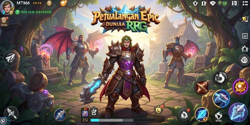 Tangkapan layar gameplay MT966 yang menunjukkan pertempuran seru dan dunia yang indah.
