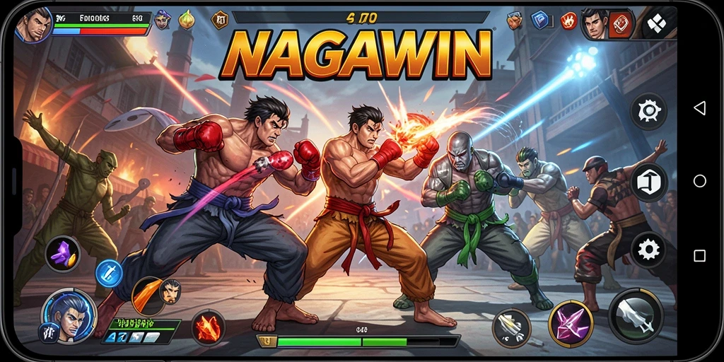 Screenshot menunjukkan pertarungan epic di arena NAGAWIN.