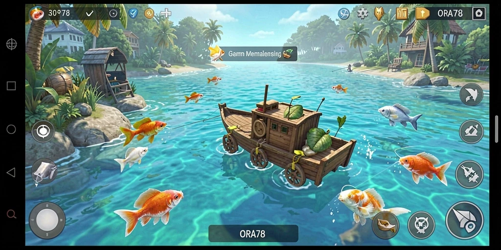 Screenshot gameplay ORA78 menunjukkan pengalaman memancing yang mendebarkan.