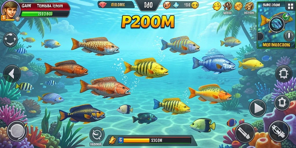 Tampilan gameplay seru saat menangkap ikan di P200M.