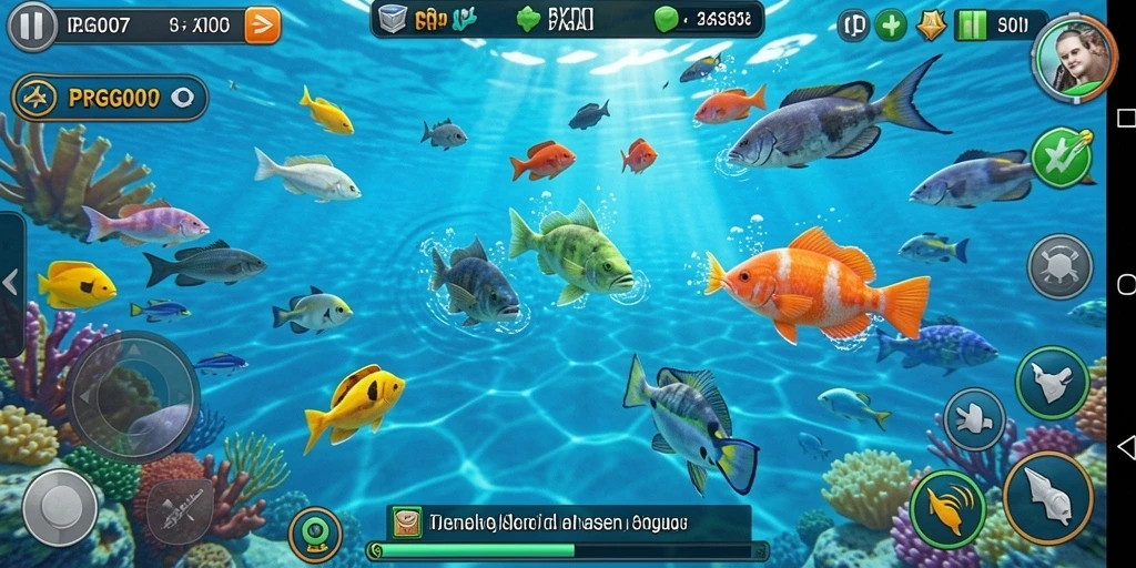 Screenshot gameplay PRG007 dengan ikan berwarna-warni di layar.