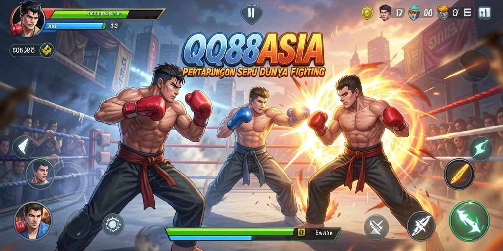 Screenshot gameplay QQ88ASIA menampilkan pertarungan seru antara karakter yang kuat.