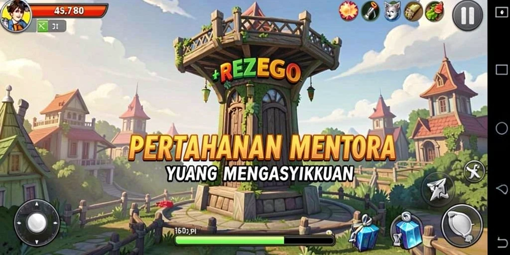 Tangkapan layar dari gameplay menara yang strategis di REZEGO.