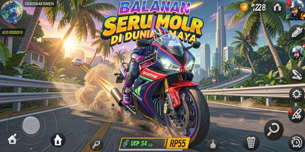 Screenshot menunjukkan aksi balapan motor cepat dan grafik yang memukau.