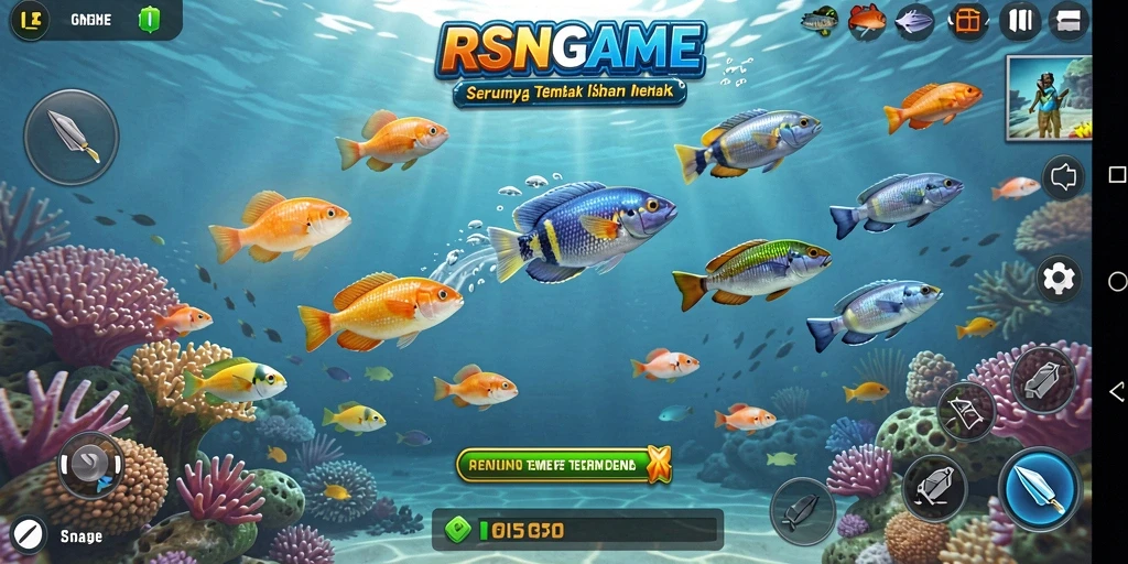 Screenshot utama RSNGAME menunjukkan aksi menembak ikan yang seru dan penuh warna.