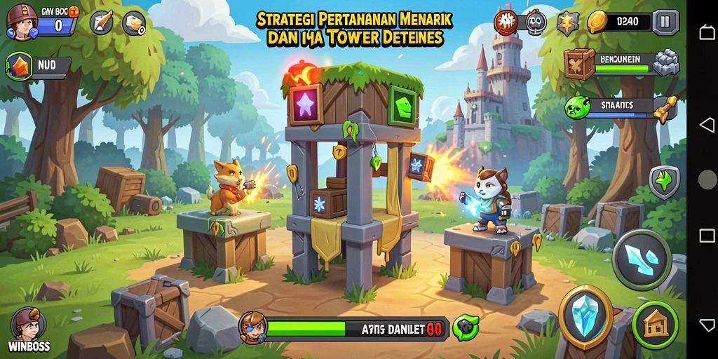 Tampilan gameplay menarik dari WINBOSS dengan menara dan musuh.
