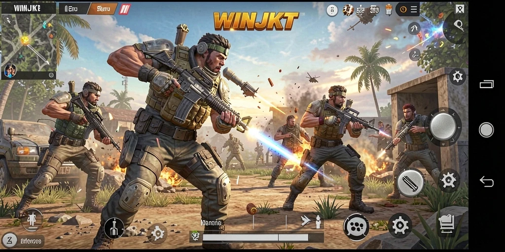 Tangkapan layar gameplay intens dalam WINJKT, menunjukkan aksi Battle Royale.